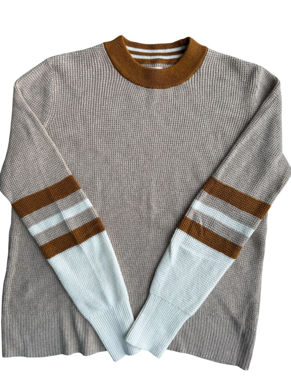 FAHERTY Throwback Crew Neck Waffle Knit Sweater in Tan Oat Varsity Stripe Small - Picture 8 of 11